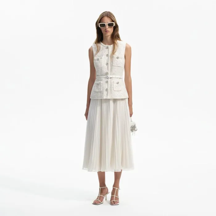 Self Portrait Dresses Cream Sequin Boucle Tailored Midi Dress 8211 Women