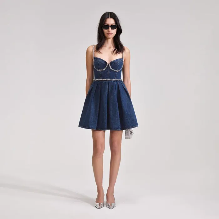 Self Portrait Dresses Diamante Detail Denim Mini Dress 8211 Women