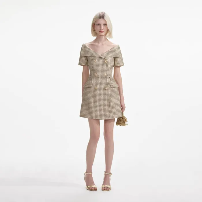 Self Portrait Dresses Gold Boucle Open Neck Mini Dress 8211 Women