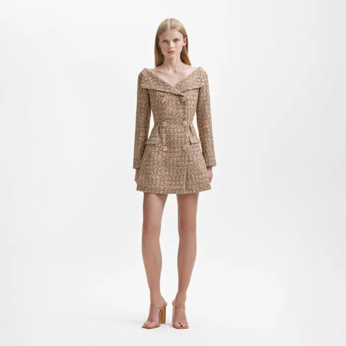 Self Portrait Dresses Gold Tinsel Boucle Off Shoulder Mini Dress 8211 Women