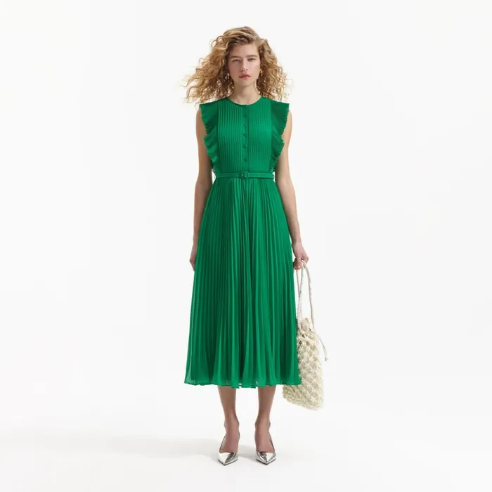 Self Portrait Dresses Green Chiffon Sleeveless Ruffle Midi Dress 8211 Women