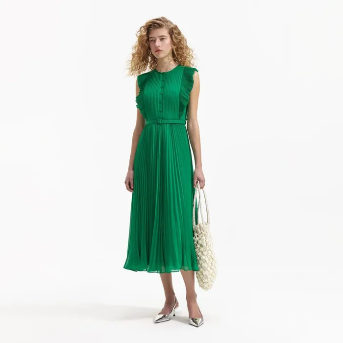 Self Portrait Dresses Green Chiffon Sleeveless Ruffle Midi Dress 8211 Women Self Portrait Dresses Green Chiffon Sleeveless Ruffle Midi Dress 8211 Women