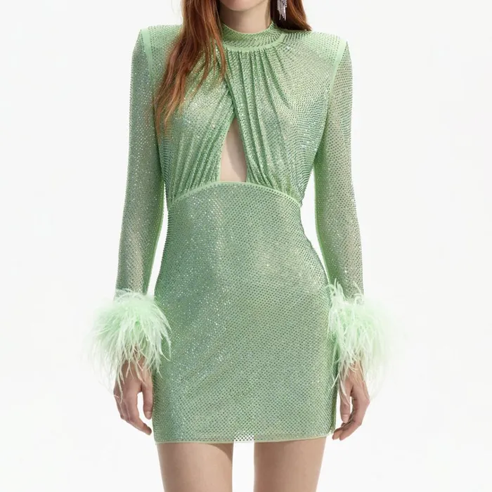 Self Portrait Dresses Green Rhinestone Feather Mini Dress 8211 Women Self Portrait Dresses Green Rhinestone Feather Mini Dress 8211 Women