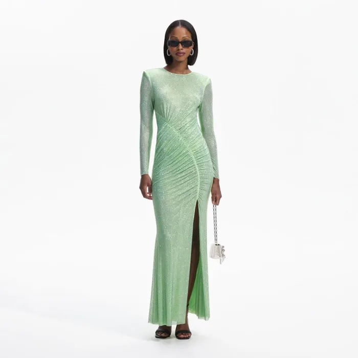 Self Portrait Dresses Green Rhinestone Mesh Maxi Dress 8211 Women