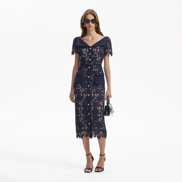 Self Portrait Dresses Navy Lace Open Neck Midi Dress 8211 Women