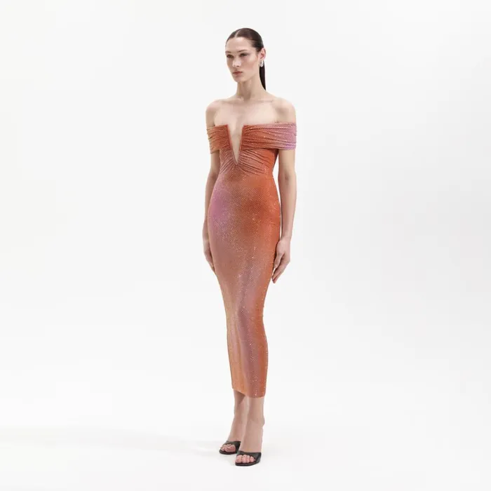Self Portrait Dresses Orange Rhinestone Midi Dress 8211 Women Self Portrait Dresses Orange Rhinestone Midi Dress 8211 Women