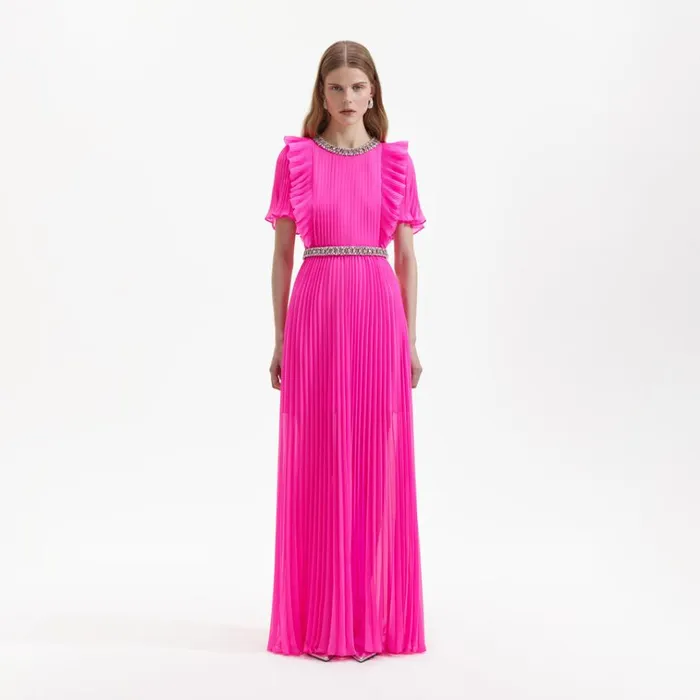 Self Portrait Dresses Pink Chiffon Diamante Maxi Dress 8211 Women