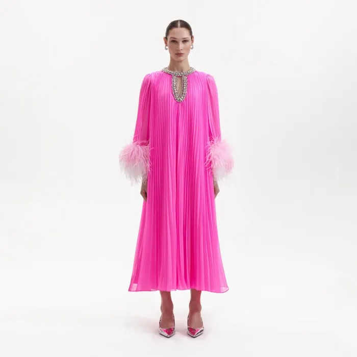 Self Portrait Dresses Pink Chiffon Feather Midi Dress 8211 Women