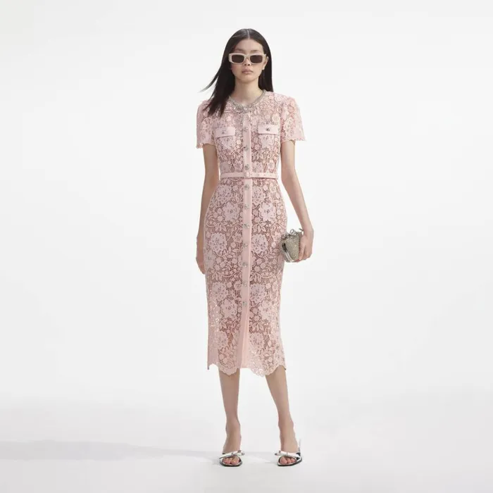 Self Portrait Dresses Pink Lace Diamante Bow Midi Dress 8211 Women