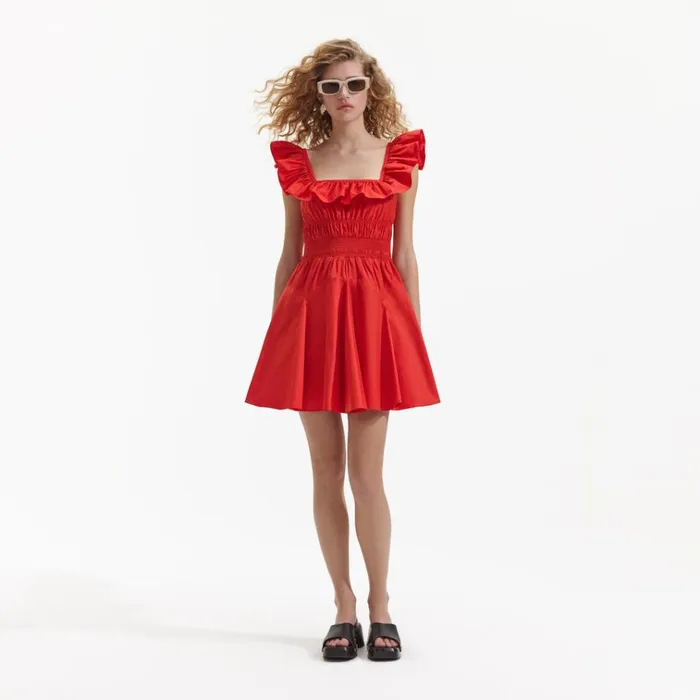 Self Portrait Dresses Red Cotton Ruffle Mini Dress 8211 Women