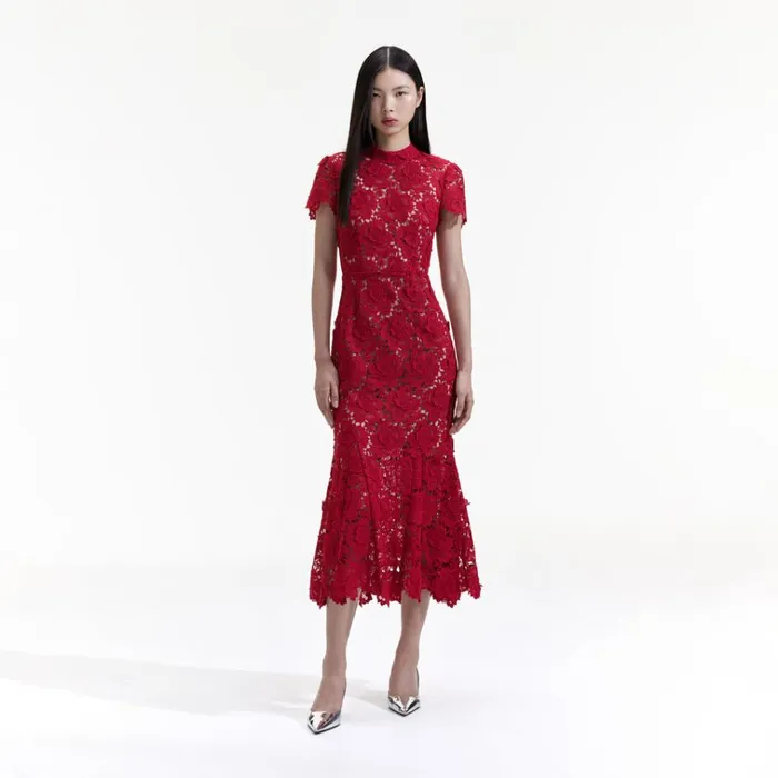 Self Portrait Dresses Red Flower Lace Midi Dress 8211 Women