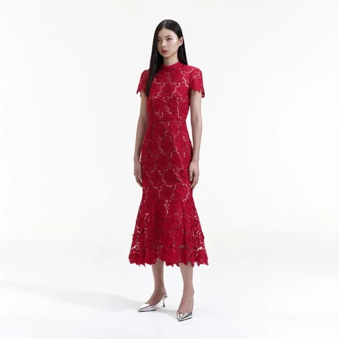 Self Portrait Dresses Red Flower Lace Midi Dress 8211 Women Self Portrait Dresses Red Flower Lace Midi Dress 8211 Women