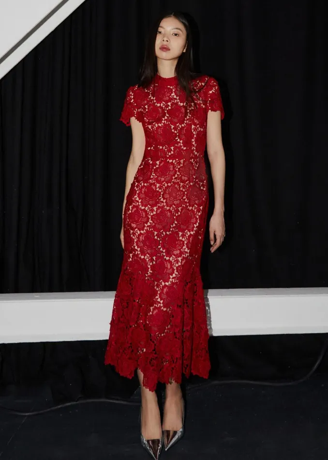Self Portrait Dresses Red Flower Lace Midi Dress 8211 Women Self Portrait Dresses Red Flower Lace Midi Dress 8211 Women