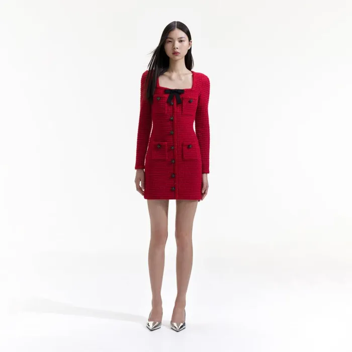 Self Portrait Dresses Red Knit Bow Round Neck Mini Dress 8211 Women