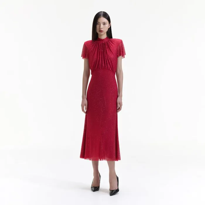 Self Portrait Dresses Red Rhinestone Mesh Midi Dress 8211 Women