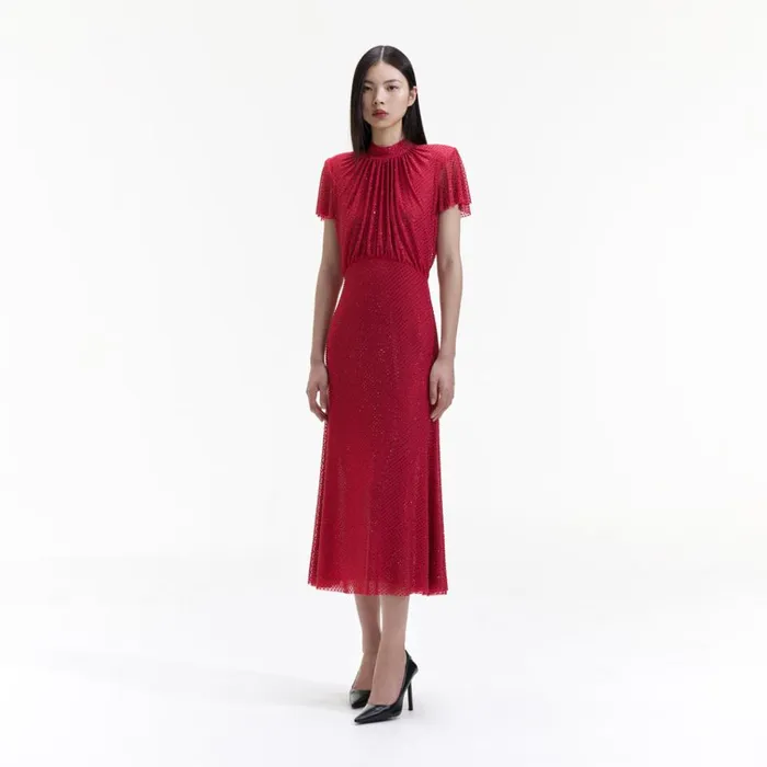 Self Portrait Dresses Red Rhinestone Mesh Midi Dress 8211 Women Self Portrait Dresses Red Rhinestone Mesh Midi Dress 8211 Women
