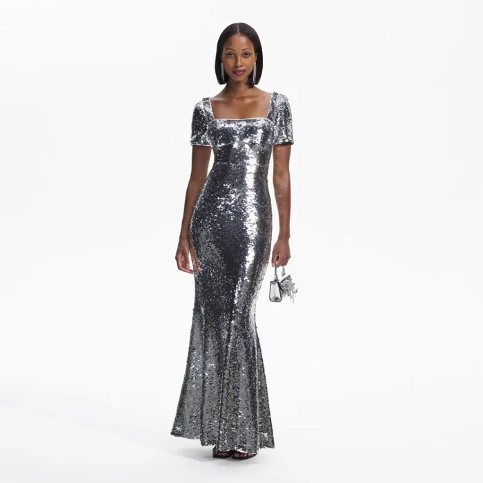 Self Portrait Dresses Silver Sequin Maxi Dress 8211 Women