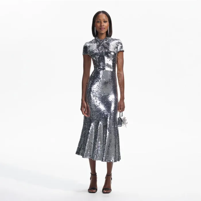Self Portrait Dresses Silver Sequin Twist Neck Midi Dress 8211 Women