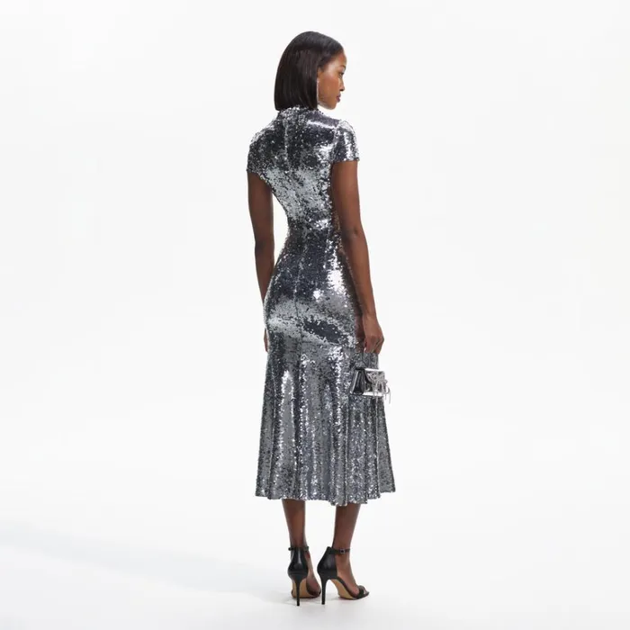 Self Portrait Dresses Silver Sequin Twist Neck Midi Dress 8211 Women Self Portrait Dresses Silver Sequin Twist Neck Midi Dress 8211 Women