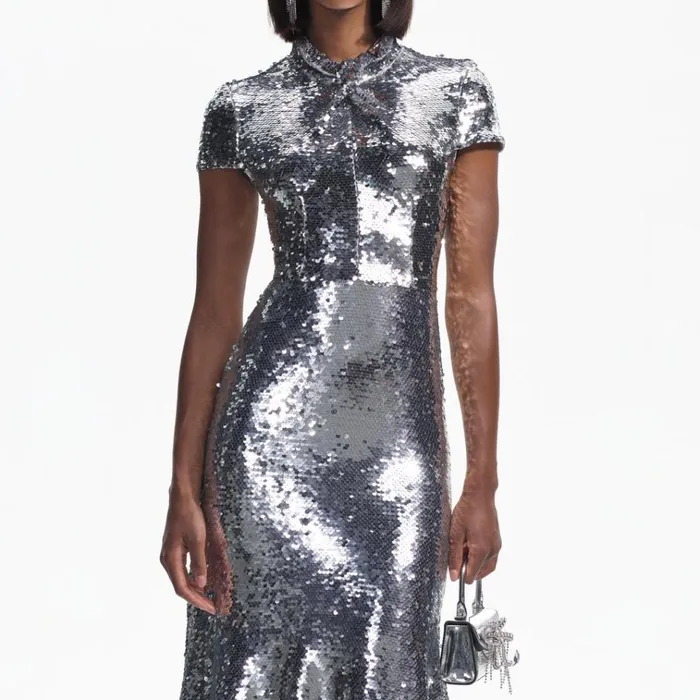 Self Portrait Dresses Silver Sequin Twist Neck Midi Dress 8211 Women Self Portrait Dresses Silver Sequin Twist Neck Midi Dress 8211 Women