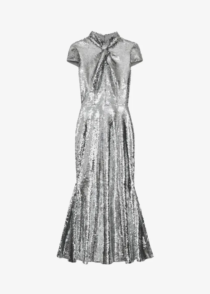 Self Portrait Dresses Silver Sequin Twist Neck Midi Dress 8211 Women Self Portrait Dresses Silver Sequin Twist Neck Midi Dress 8211 Women