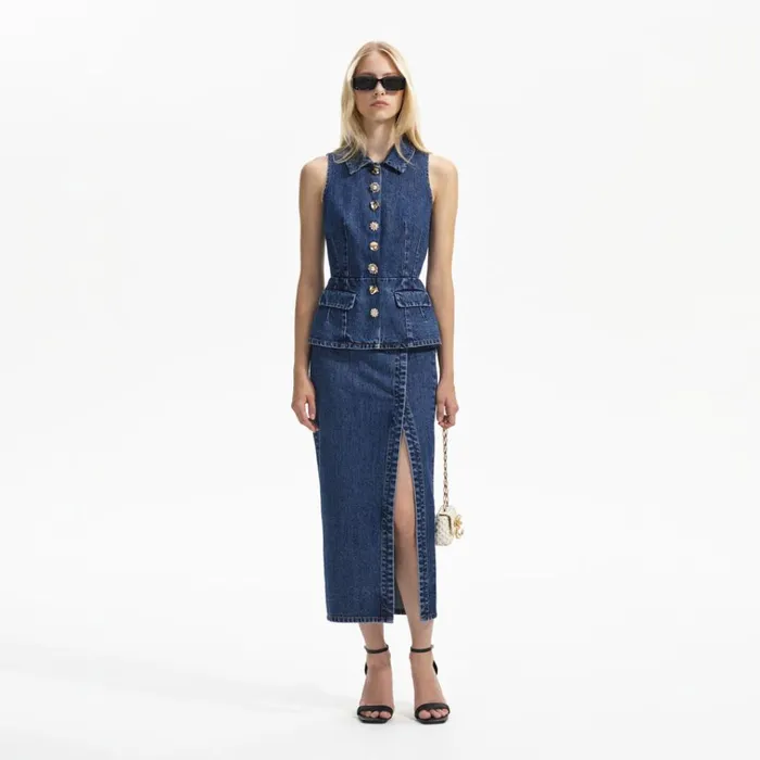 Self Portrait Dresses Sleeveless Denim Midi Dress 8211 Women
