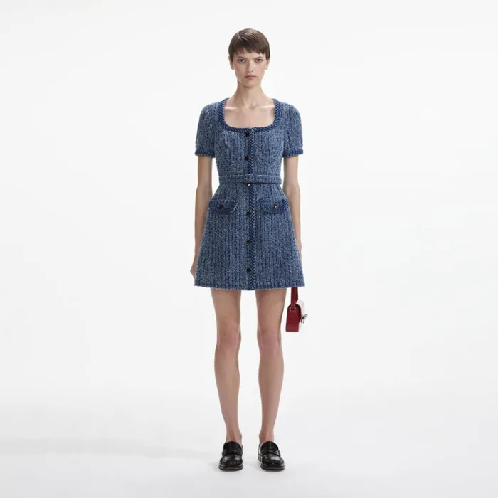 Self Portrait Dresses Textured Denim Short Sleeve Mini Dress 8211 Women