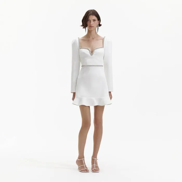 Self Portrait Dresses White Bonded Crepe Long Sleeve Mini Dress 8211 Women