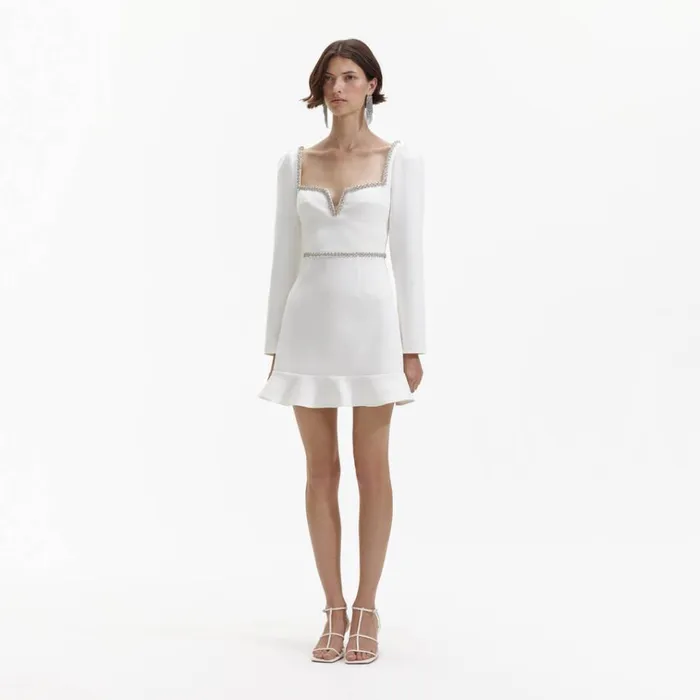Self Portrait Dresses White Bonded Crepe Long Sleeve Mini Dress 8211 Women Self Portrait Dresses White Bonded Crepe Long Sleeve Mini Dress 8211 Women