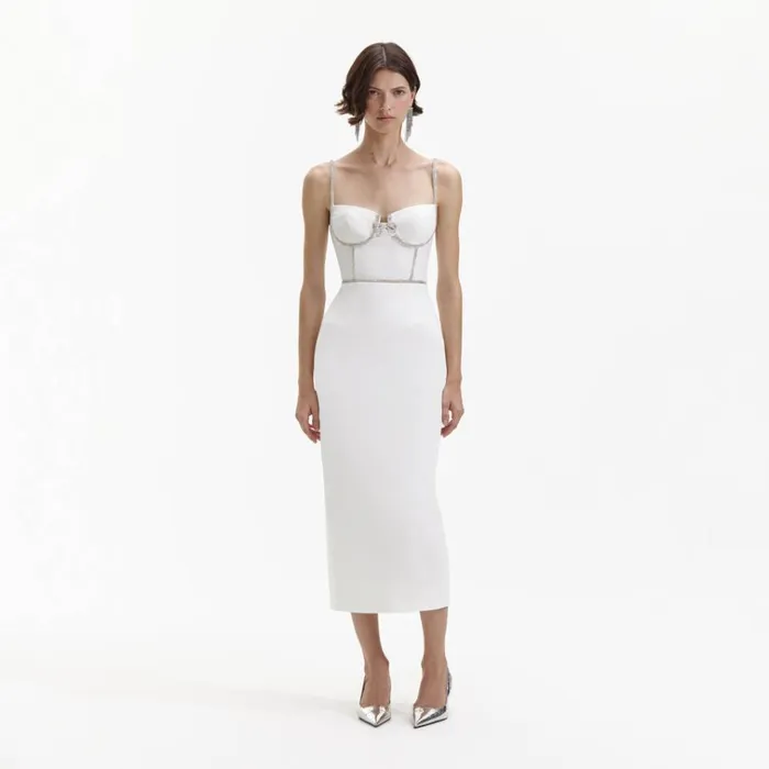 Self Portrait Dresses White Bonded Crepe Midi Dress 8211 Women