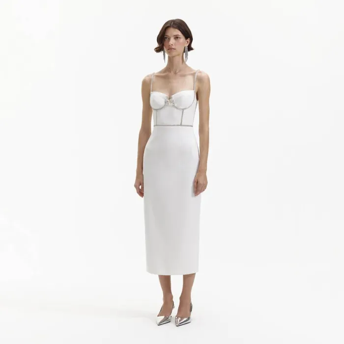 Self Portrait Dresses White Bonded Crepe Midi Dress 8211 Women Self Portrait Dresses White Bonded Crepe Midi Dress 8211 Women