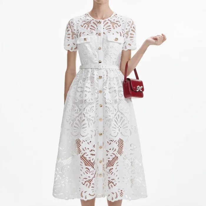 Self Portrait Dresses White Cotton Lace Button Midi Dress 8211 Women Self Portrait Dresses White Cotton Lace Button Midi Dress 8211 Women