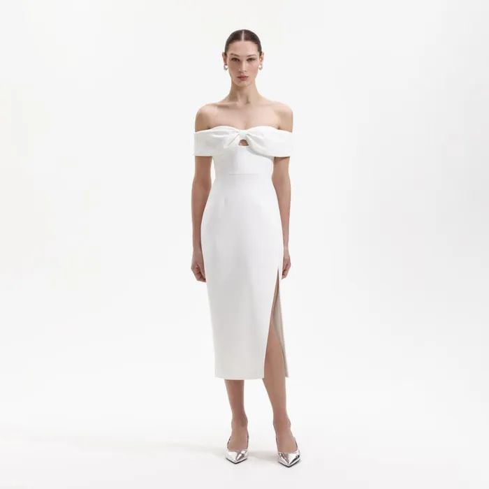 Self Portrait Dresses White Crepe Bow Midi Dress 8211 Women