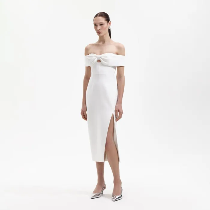 Self Portrait Dresses White Crepe Bow Midi Dress 8211 Women Self Portrait Dresses White Crepe Bow Midi Dress 8211 Women