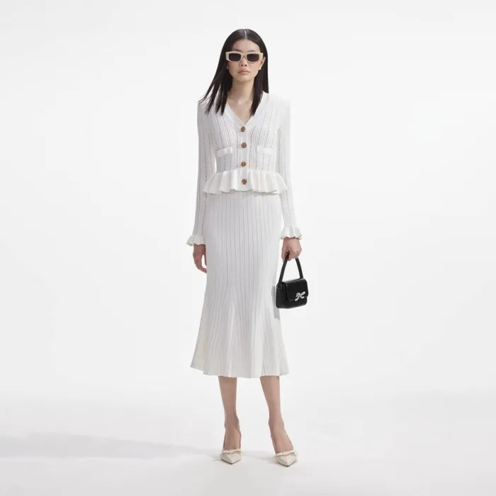 Self Portrait Dresses White Knit Peplum Midi Dress 8211 Women