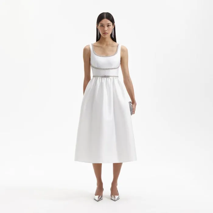 Self Portrait Dresses White Taffeta Midi Dress 8211 Women