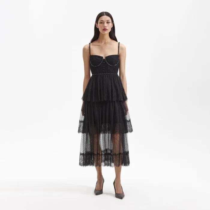 Self Portrait Exclusives Black Dot Mesh Tier Midi Dress 8211 Women