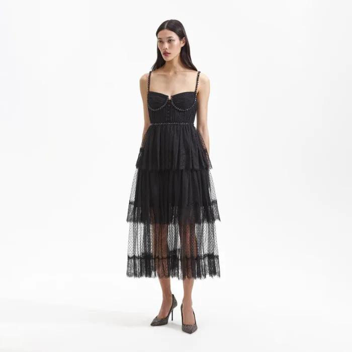Self Portrait Exclusives Black Dot Mesh Tier Midi Dress 8211 Women Self Portrait Exclusives Black Dot Mesh Tier Midi Dress 8211 Women