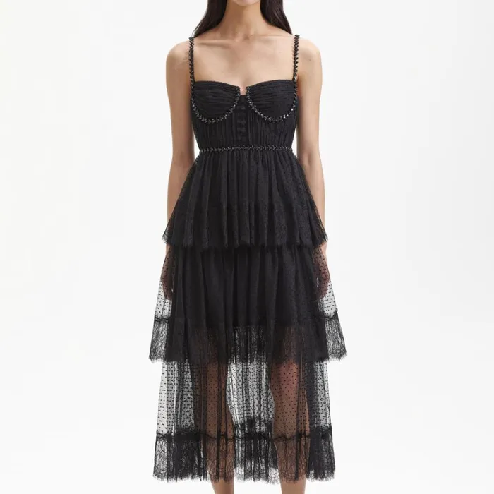 Self Portrait Exclusives Black Dot Mesh Tier Midi Dress 8211 Women Self Portrait Exclusives Black Dot Mesh Tier Midi Dress 8211 Women