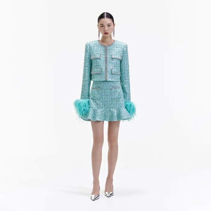Self Portrait Exclusives Blue Boucle Feather Jacket 8211 Women