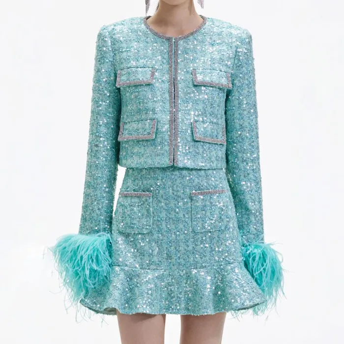 Self Portrait Exclusives Blue Boucle Feather Jacket 8211 Women Self Portrait Exclusives Blue Boucle Feather Jacket 8211 Women