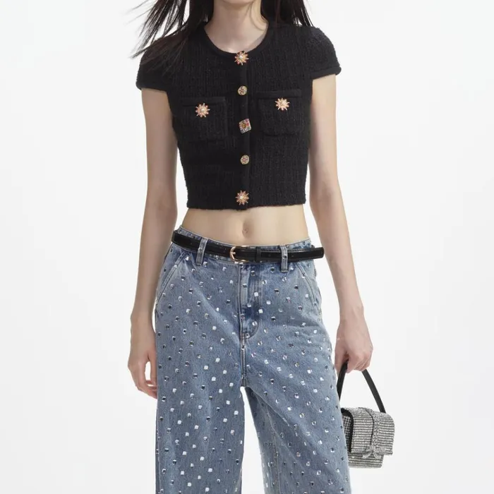 Self Portrait Knitwear Black Jewel Button Knit Top 8211 Women Self Portrait Knitwear Black Jewel Button Knit Top 8211 Women