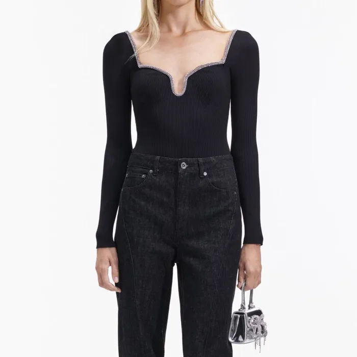 Self Portrait Knitwear Black Knit Diamante Trim Top 8211 Women Self Portrait Knitwear Black Knit Diamante Trim Top 8211 Women