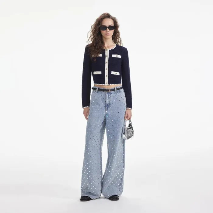 Self Portrait Knitwear Navy Crochet Contrast Trim Cardigan 8211 Women