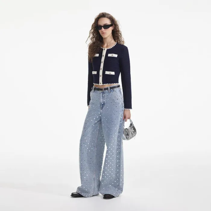 Self Portrait Knitwear Navy Crochet Contrast Trim Cardigan 8211 Women Self Portrait Knitwear Navy Crochet Contrast Trim Cardigan 8211 Women