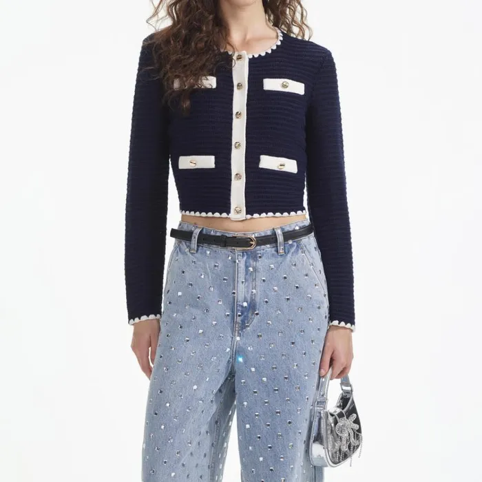 Self Portrait Knitwear Navy Crochet Contrast Trim Cardigan 8211 Women Self Portrait Knitwear Navy Crochet Contrast Trim Cardigan 8211 Women