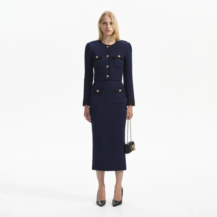 Self Portrait Knitwear Navy Weave Knit Midi Skirt 8211 Women