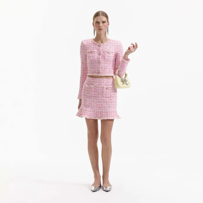 Self Portrait Knitwear Pink Check Knit Cardigan 8211 Women