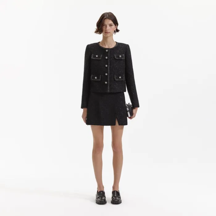 Self Portrait Outerwear Black Boucle Trimmed Jacket 8211 Women