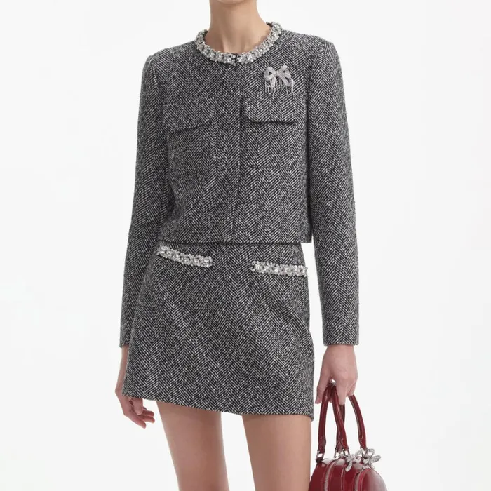 Self Portrait Outerwear Black Herringbone Embellished Jacket 8211 Women Self Portrait Outerwear Black Herringbone Embellished Jacket 8211 Women